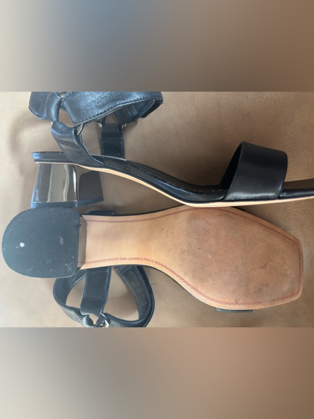 Karl Lagerfeld Black Leather Block Heel minimalist Sandals - Picture 5 of 7